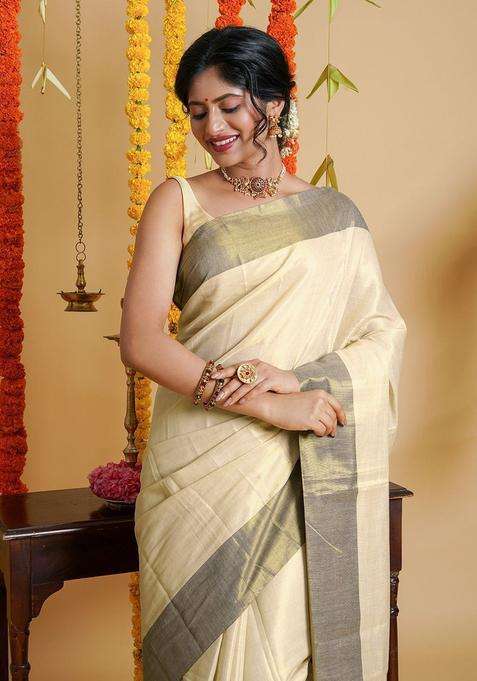 Cream Solid Tissue Saree Set for Diwali | Wedding & Festive Wear