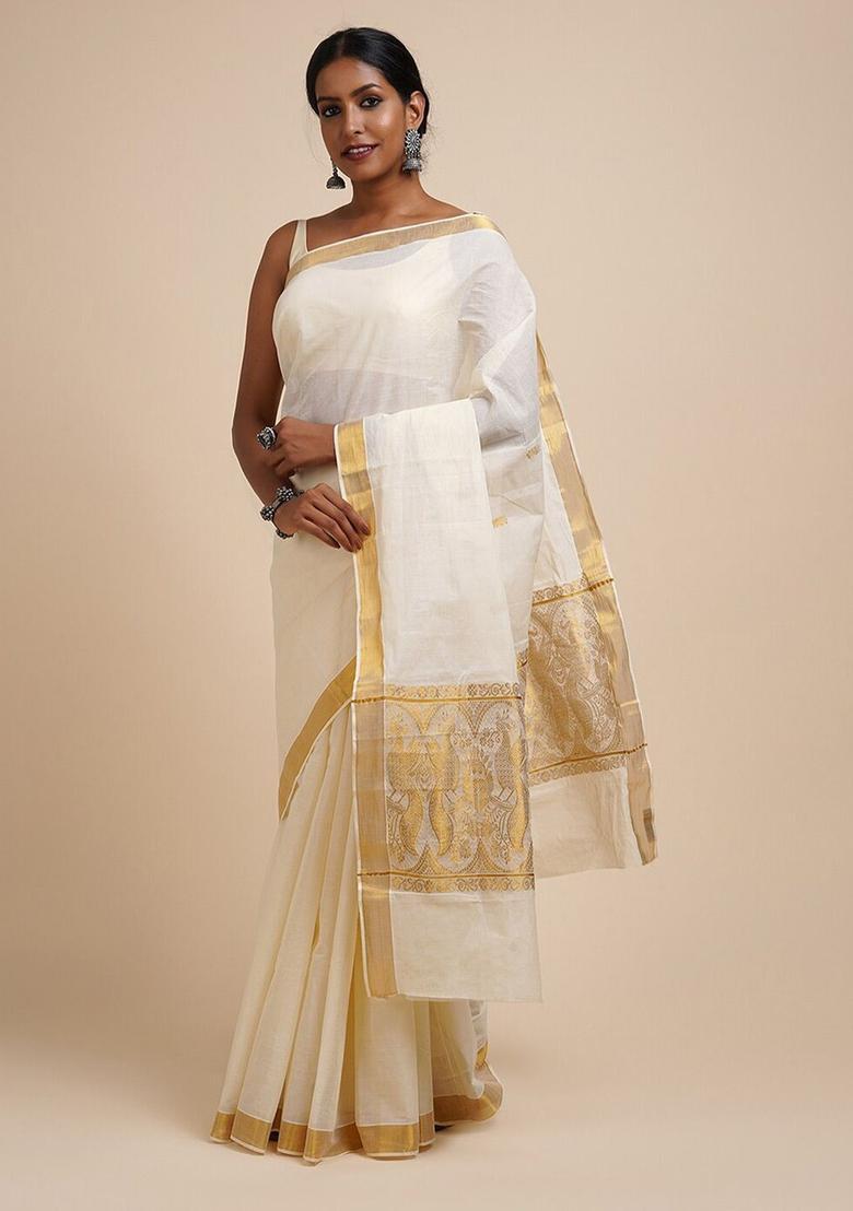 White Solid Cotton Saree Set - Indya