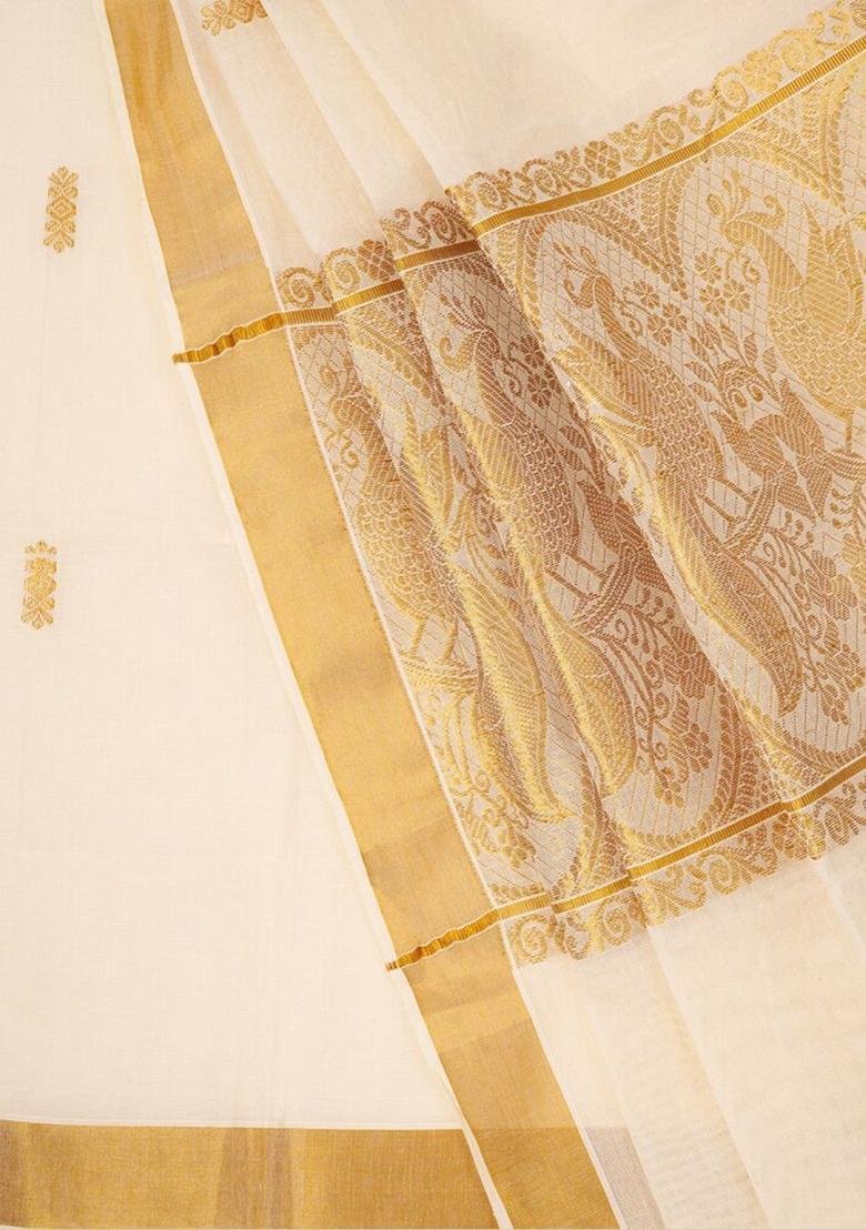 White Solid Cotton Saree Set - Indya
