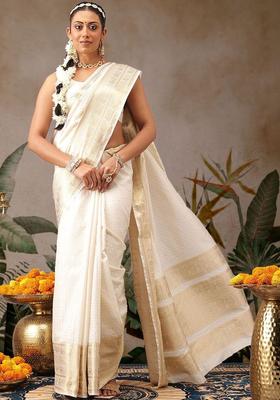 Off White Woven Design Silk Saree Set