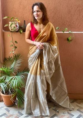 Beige Solid Tissue Saree Set