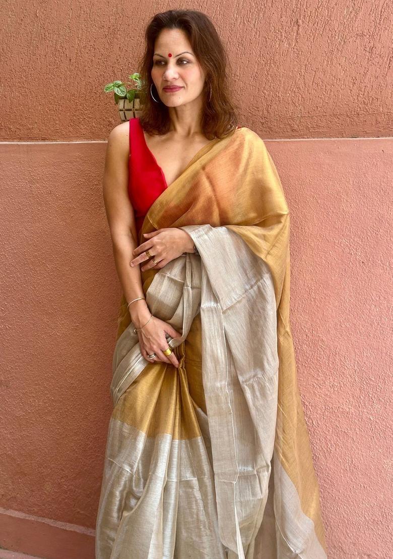 Beige Solid Tissue Saree Set - Indya