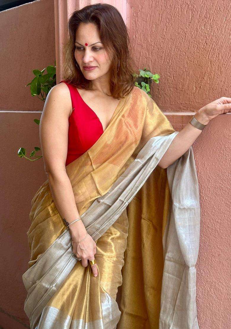 Beige Solid Tissue Saree Set for Diwali | Wedding & Festive Wear - Indya