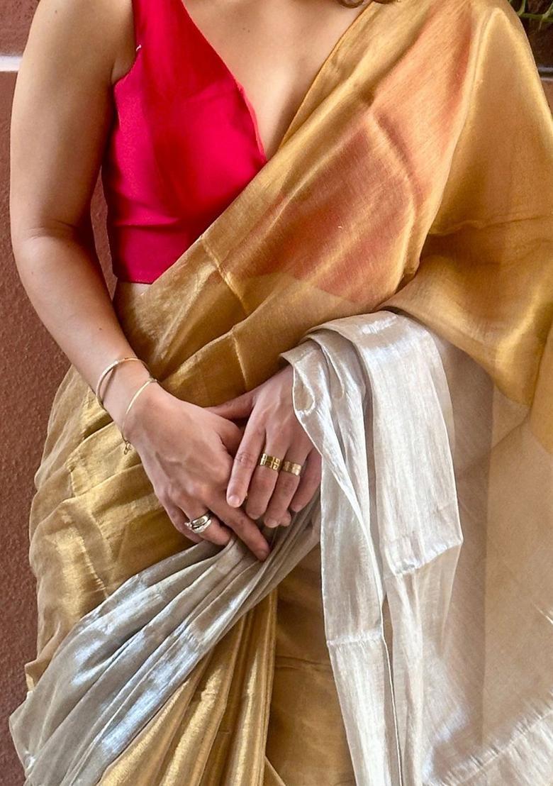 Beige Solid Tissue Saree Set - Indya
