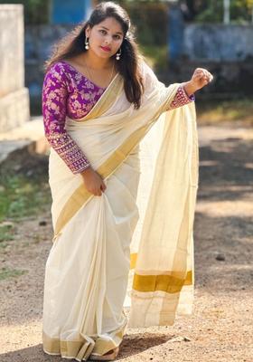Off White Solid Cotton Saree Set