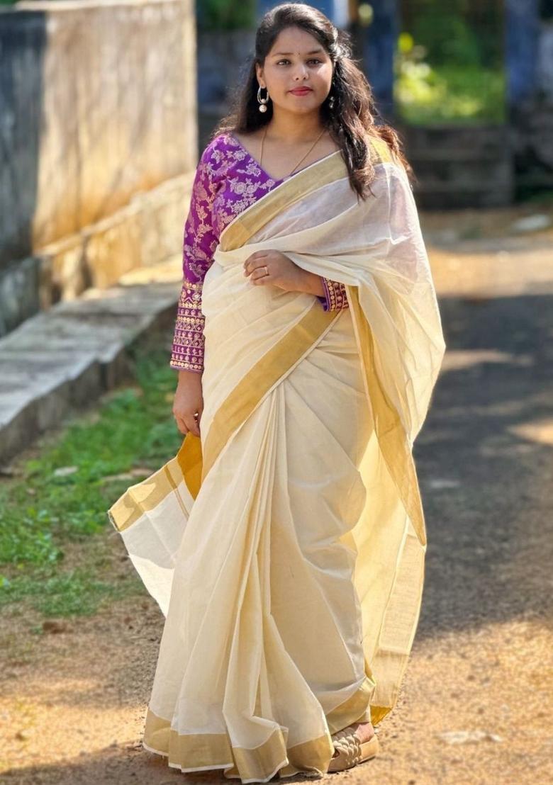Off White Solid Cotton Saree Set - Indya
