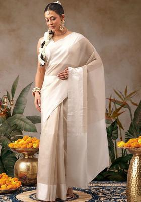 Off White Woven Design Silk Saree Set