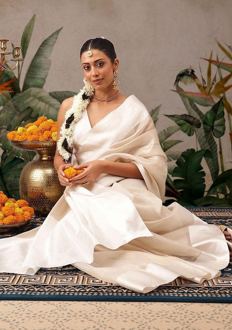Off White Woven Design Silk Saree Set - Indya