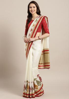 Off White Solid Silk Saree Set