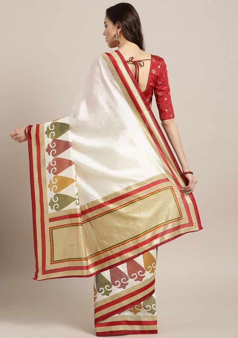 Off White Solid Silk Saree Set - Indya