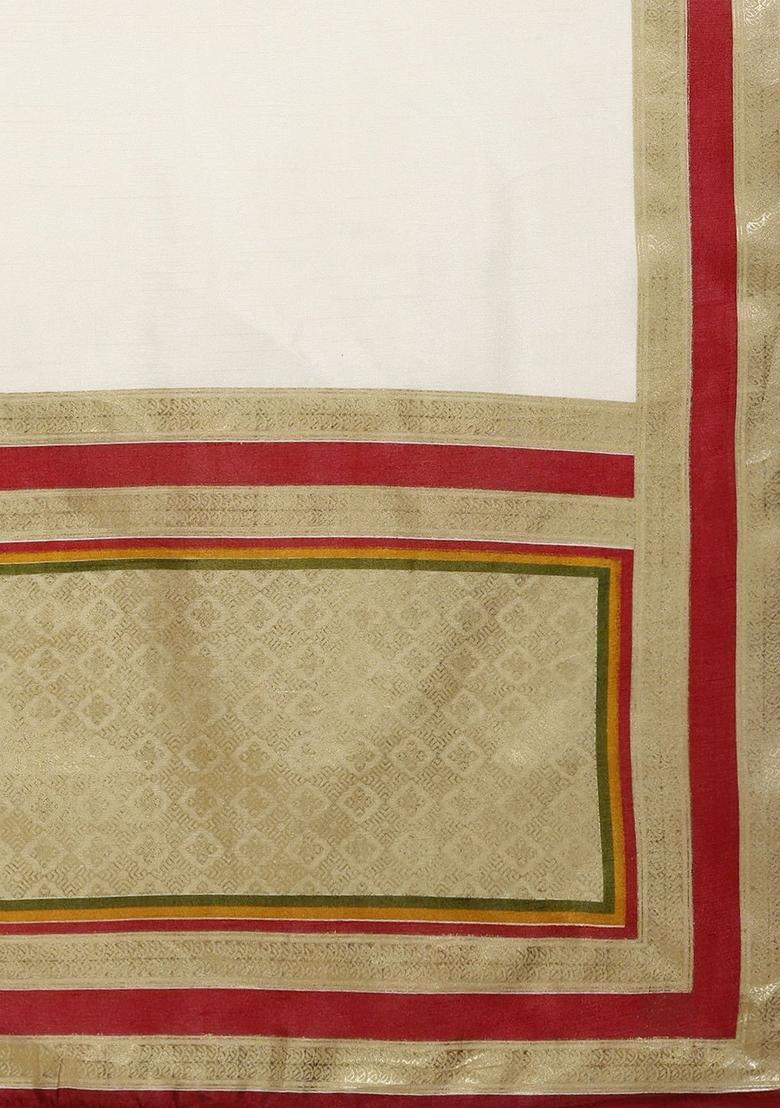 Off White Solid Silk Saree Set - Indya