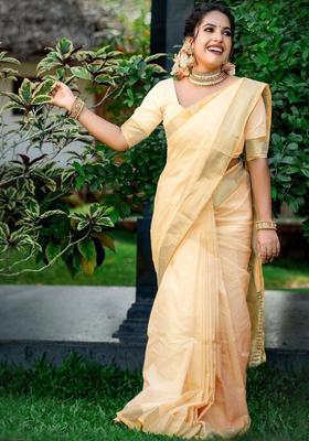 Cream Woven Design Cotton Saree Set