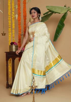 Off White Solid Tissue Saree Set