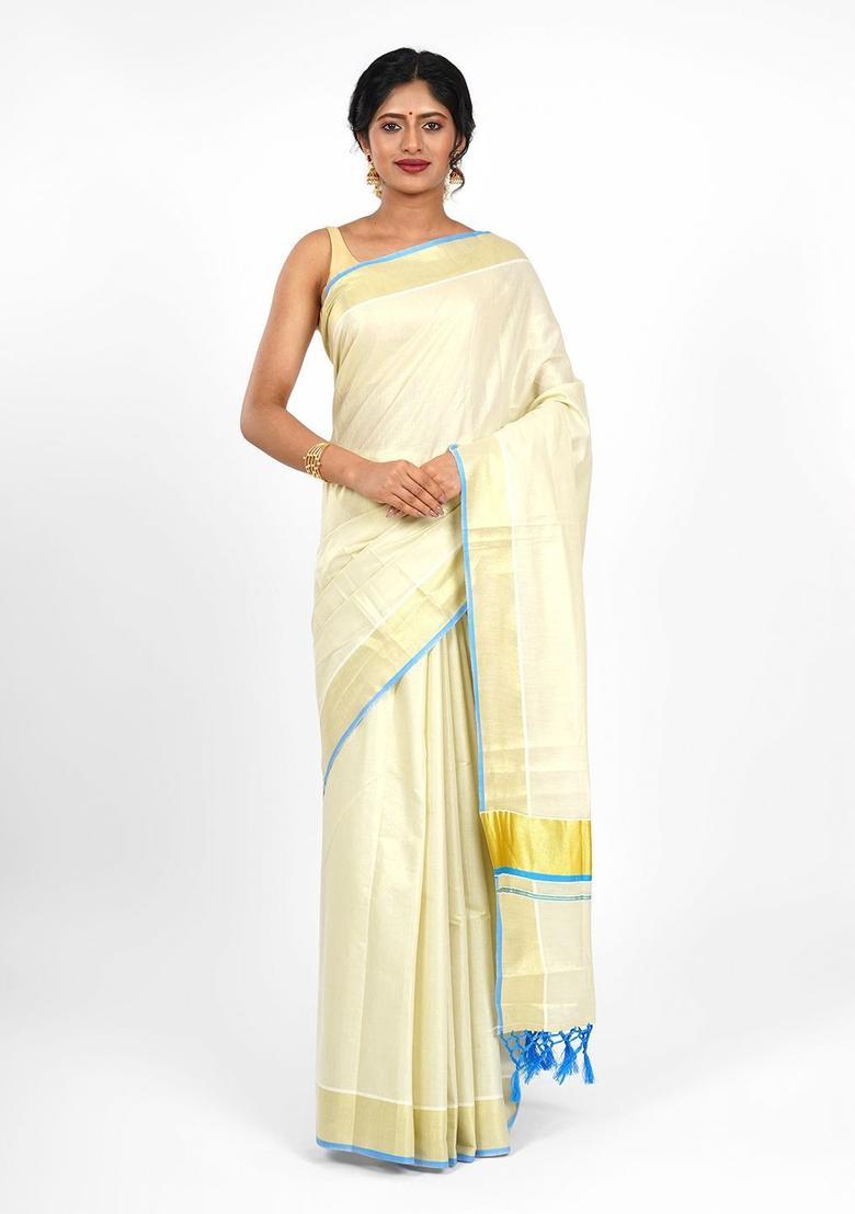 Off White Solid Tissue Saree Set - Indya