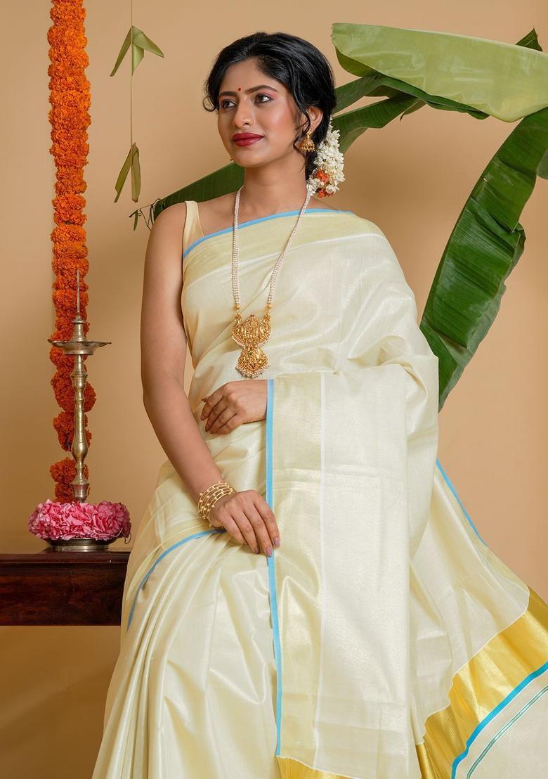 Off White Solid Tissue Saree Set - Indya