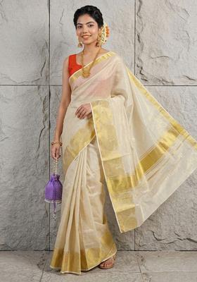 Cream Woven Design Tissue Saree Set