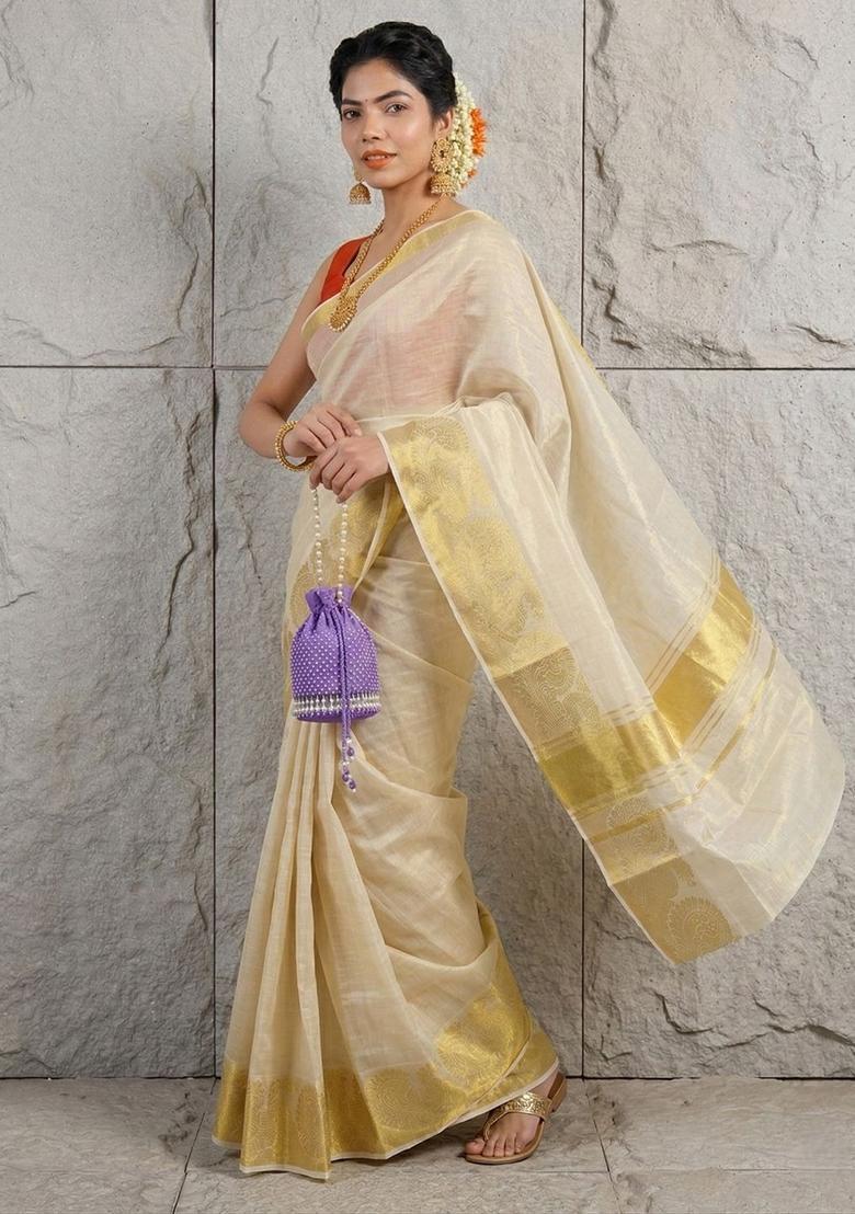 Cream Woven Design Tissue Saree Set - Indya