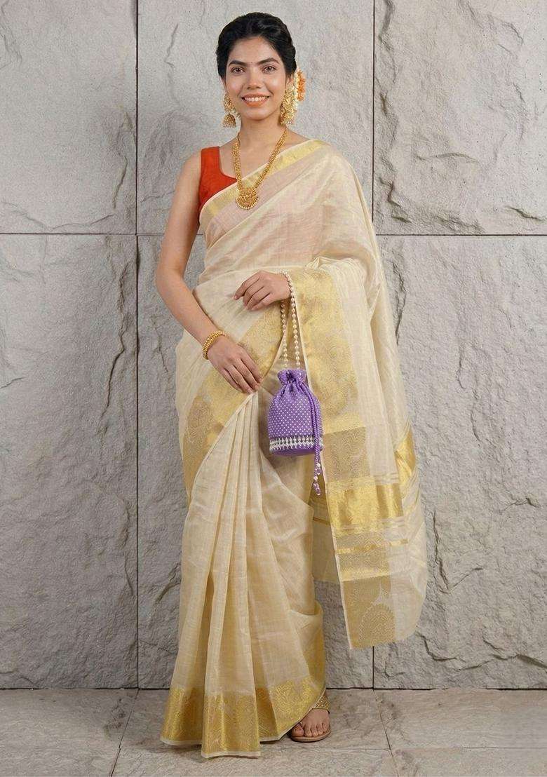 Cream Woven Design Tissue Saree Set for Diwali | Wedding & Festive Wear - Indya