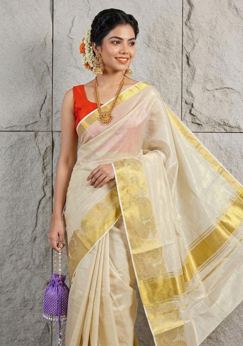 Cream Woven Design Tissue Saree Set - Indya