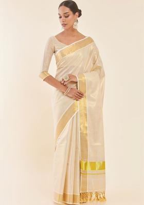 Off White Solid Cotton Saree Set