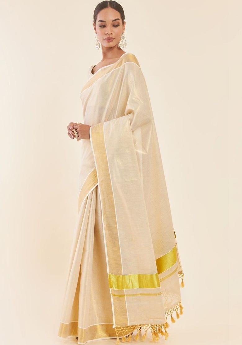 Off White Solid Cotton Saree Set - Indya