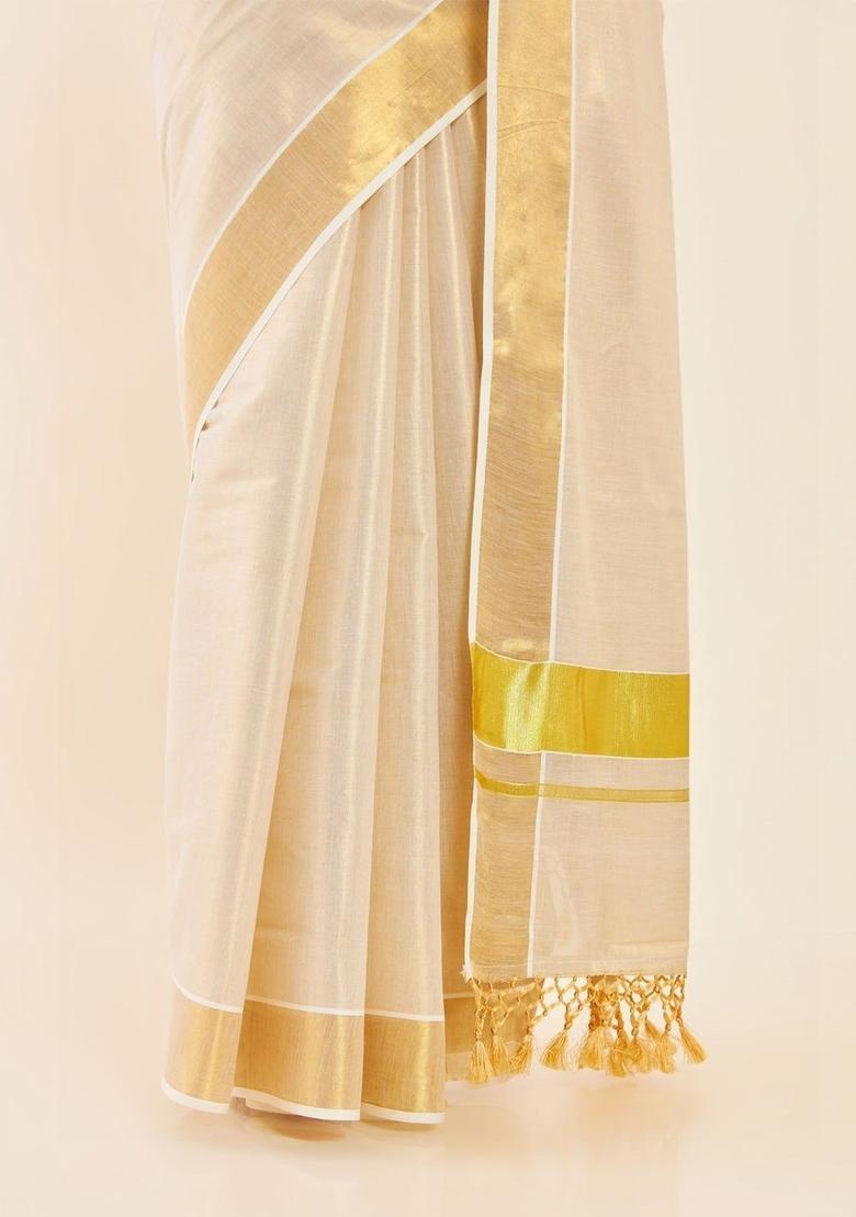 Off White Solid Cotton Saree Set - Indya