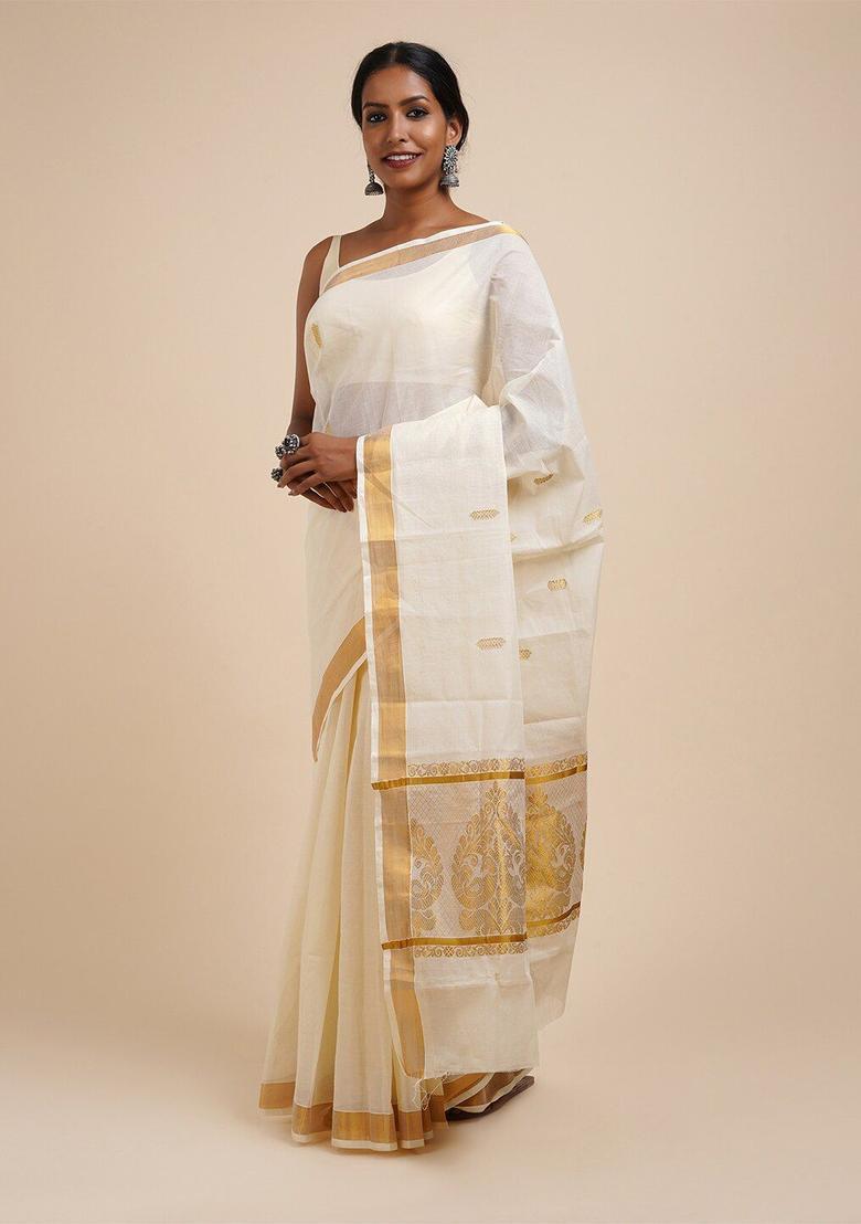 White Solid Cotton Saree Set - Indya