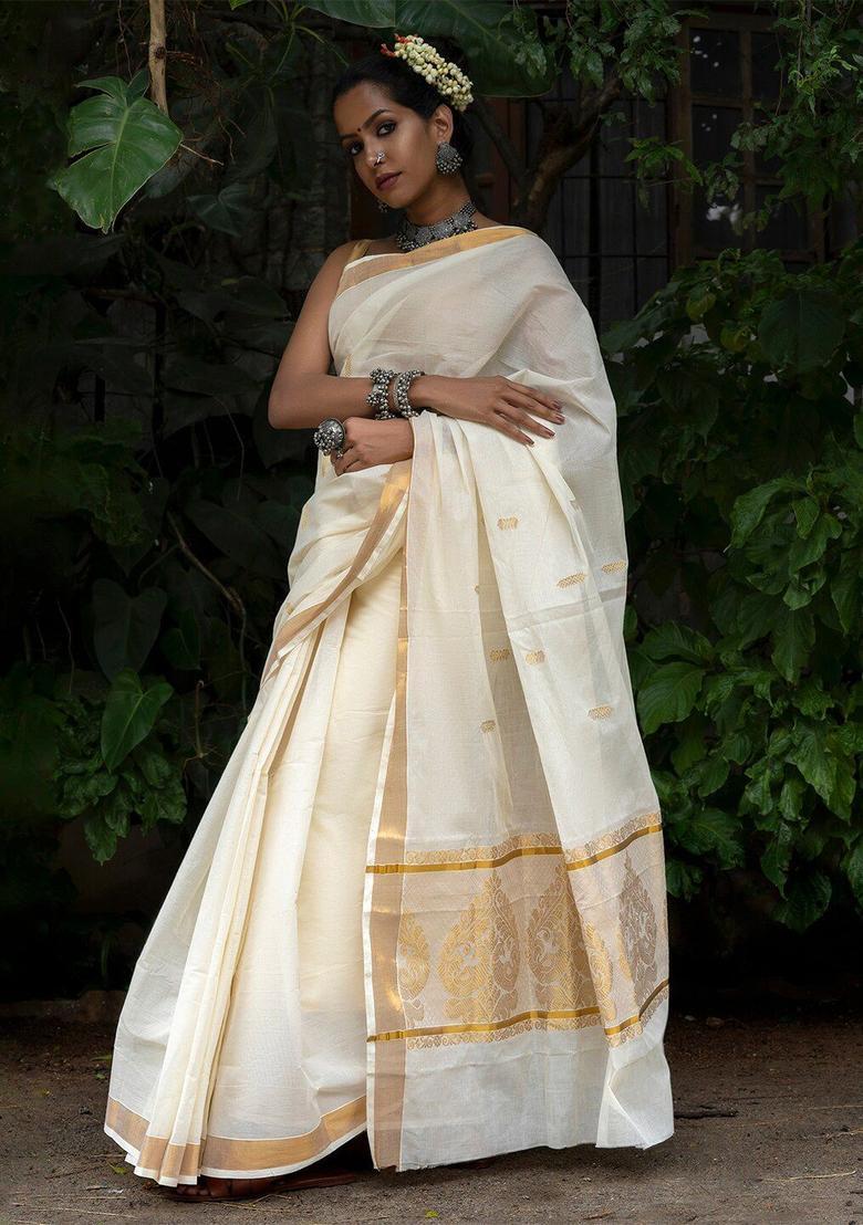 White Solid Cotton Saree Set - Indya