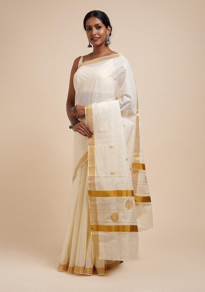 White Solid Cotton Saree Set - Indya