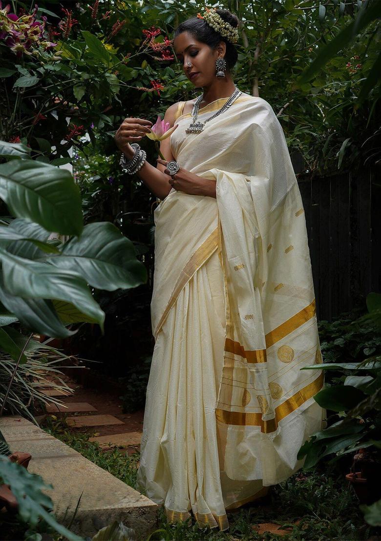 White Solid Cotton Saree Set - Indya