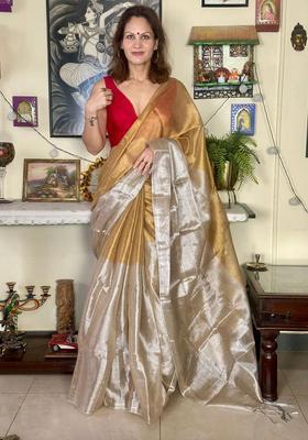 Beige Solid Tissue Saree Set
