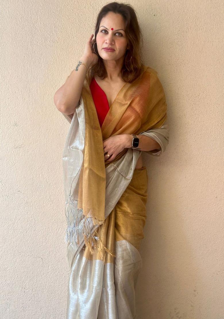 Beige Solid Tissue Saree Set - Indya