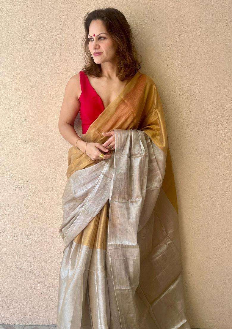Beige Solid Tissue Saree Set for Diwali and Festive Wear - Indya