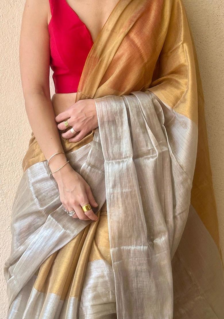 Beige Solid Tissue Saree Set - Indya