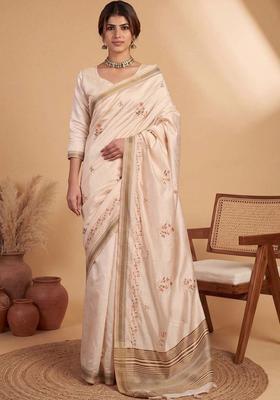 Beige Embroidered Linen Saree Set