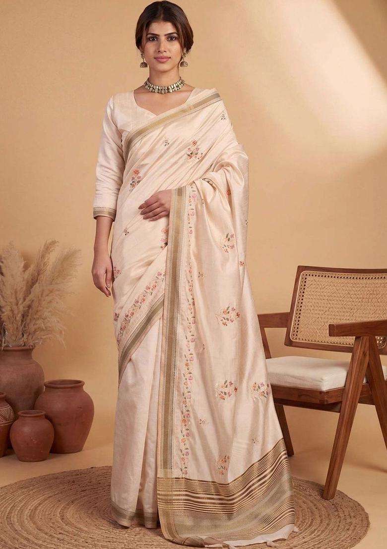 Beige Embroidered Linen Saree Set for Diwali and Festive Wear - Indya