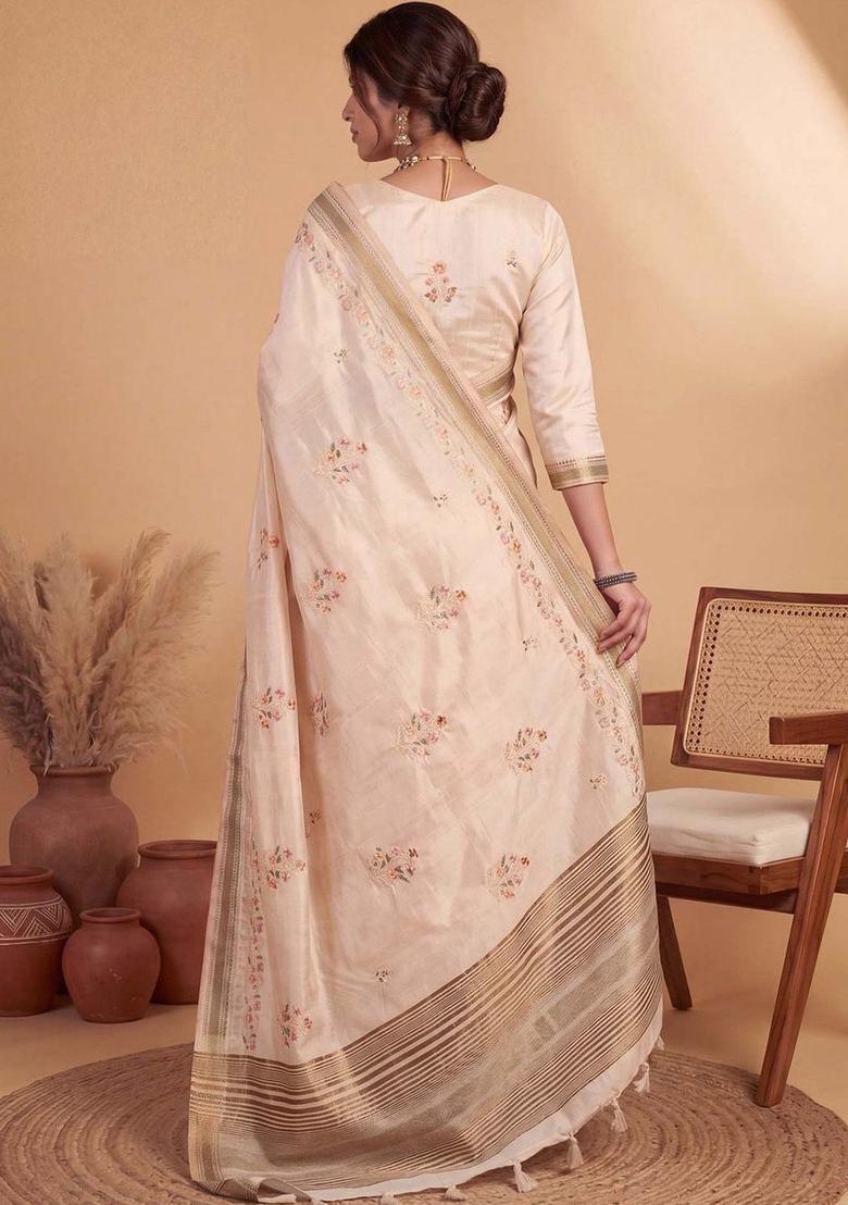 Beige Embroidered Linen Saree Set - Indya