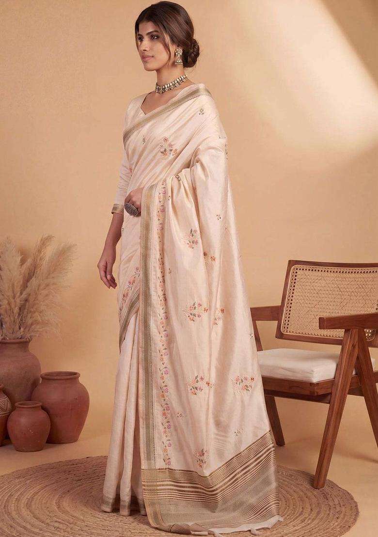 Beige Embroidered Linen Saree Set for Diwali and Festive Wear - Indya
