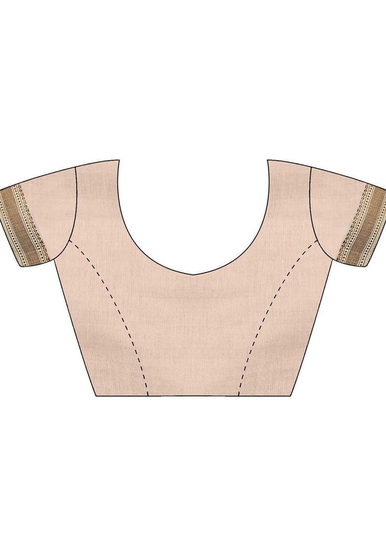 Beige Embroidered Linen Saree Set - Indya