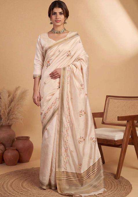 Beige Embroidered Linen Saree Set for Diwali and Festive Wear