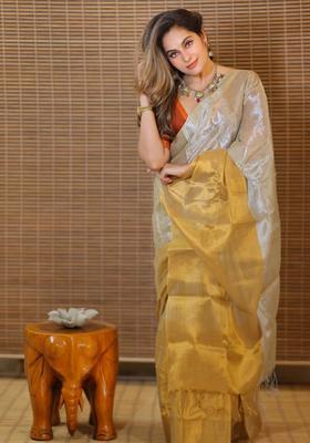 Beige Solid Tissue Saree Set