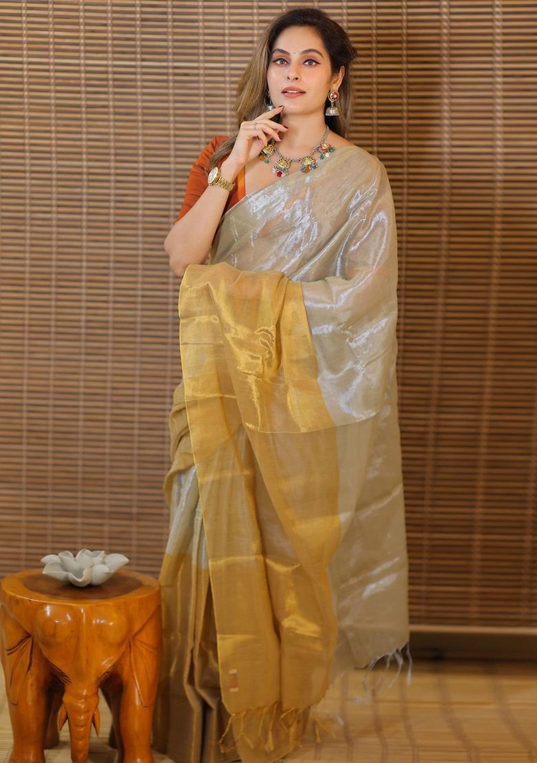 Beige Solid Tissue Saree Set - Indya
