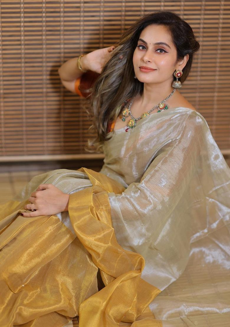 Beige Solid Tissue Saree Set - Indya