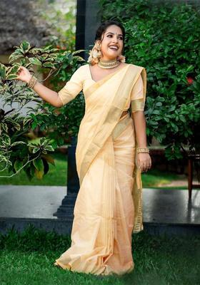 Beige Solid Cotton Saree Set