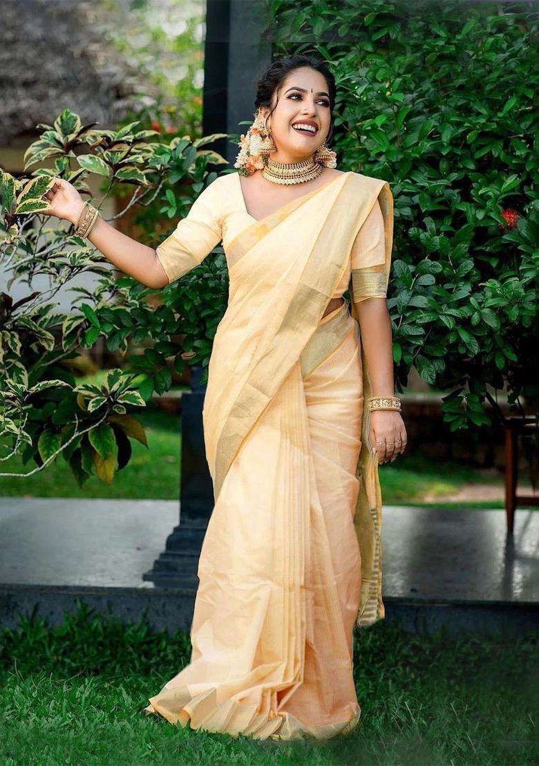 Beige Solid Cotton Saree Set for Diwali | Wedding & Festive Wear - Indya