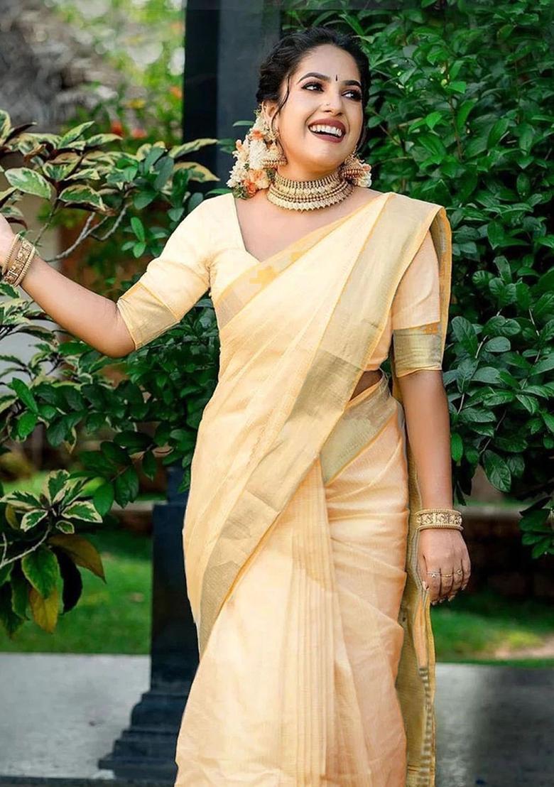 Beige Solid Cotton Saree Set - Indya