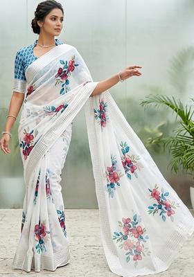 White Printed Chiffon Saree Set