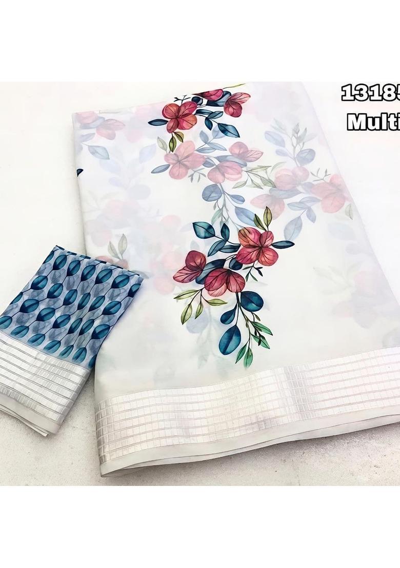 White Printed Chiffon Saree Set - Indya