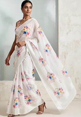 White Printed Chiffon Saree Set