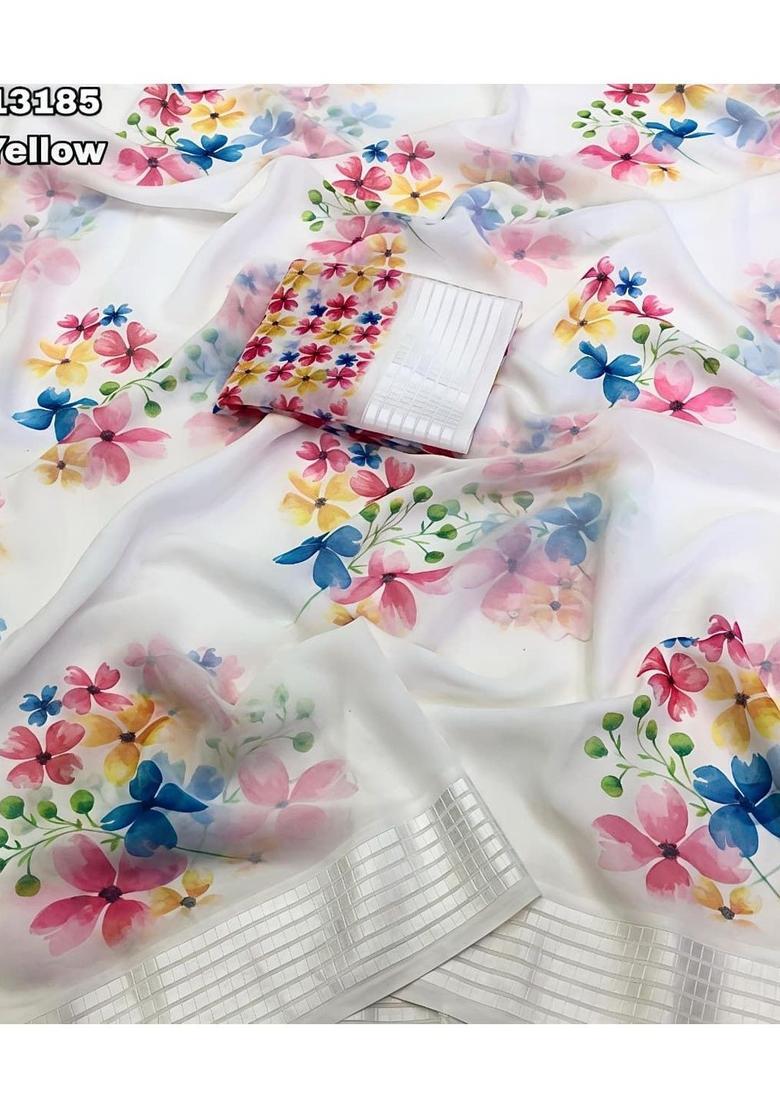 White Printed Chiffon Saree Set - Indya
